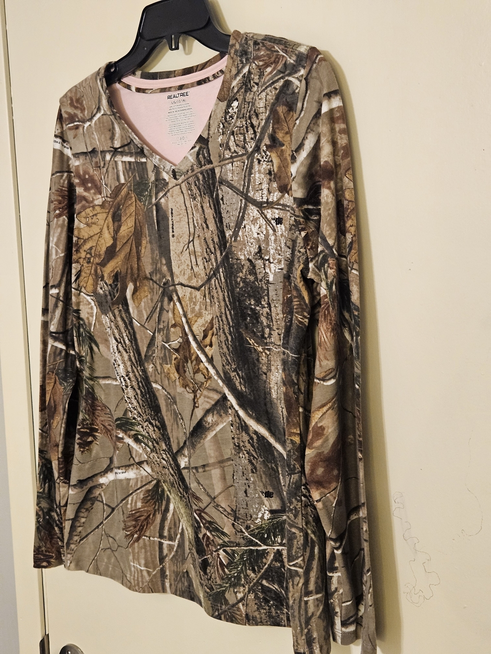 Realtree Woodland Camo V-Neck Long Sleeve Top with Pink Trim